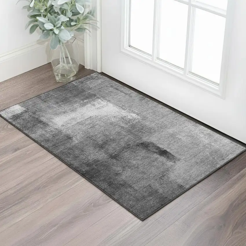 Gray Silver And Charcoal Abstract Washable Area Rug With UV Protection Photo 1