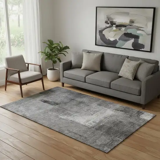 Gray Silver And Charcoal Abstract Washable Area Rug With UV Protection Photo 1