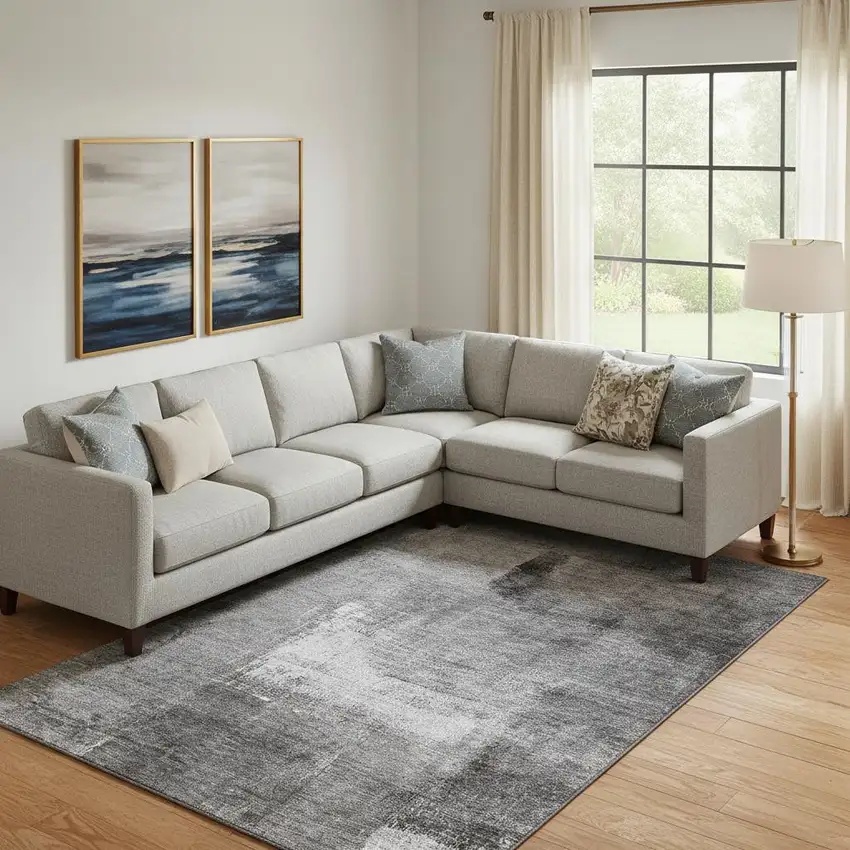 Gray Silver And Charcoal Abstract Washable Area Rug With UV Protection Photo 1