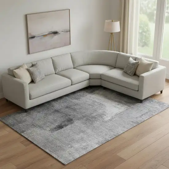 Gray Silver And Charcoal Abstract Washable Area Rug With UV Protection Photo 2