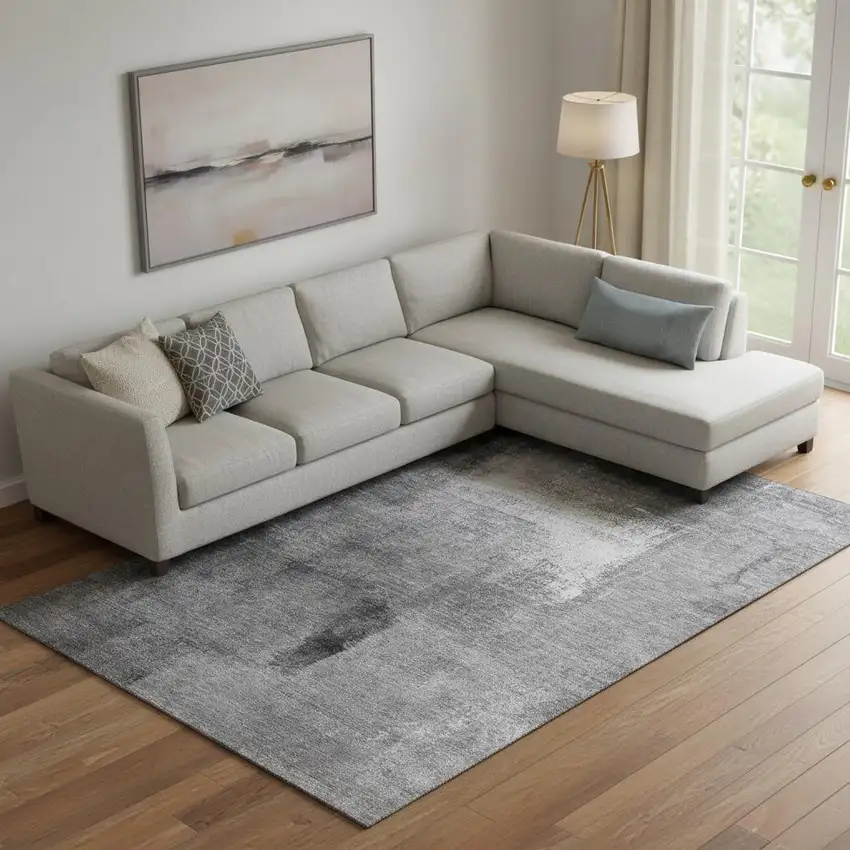 Gray Silver And Charcoal Abstract Washable Area Rug With UV Protection Photo 2