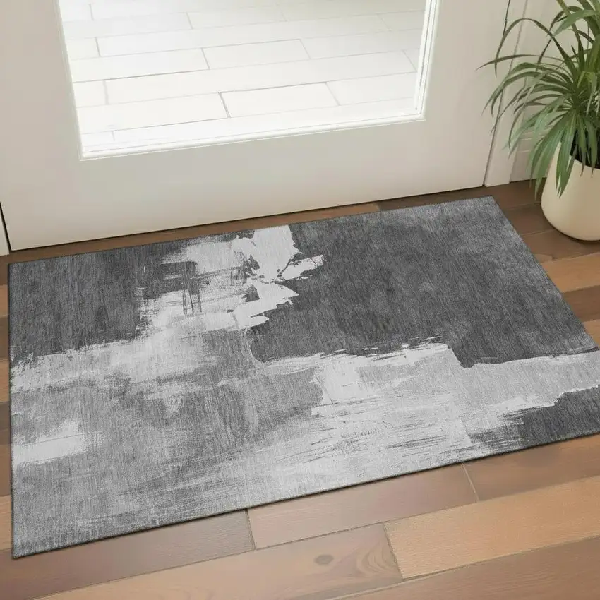 Gray Silver And Charcoal Abstract Washable Area Rug With UV Protection Photo 2