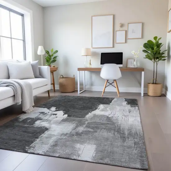 Gray Silver And Charcoal Abstract Washable Area Rug With UV Protection Photo 4
