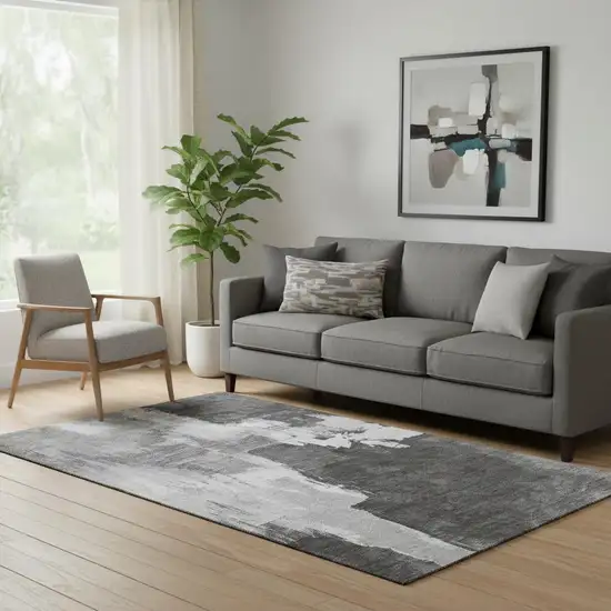 Gray Silver And Charcoal Abstract Washable Area Rug With UV Protection Photo 2