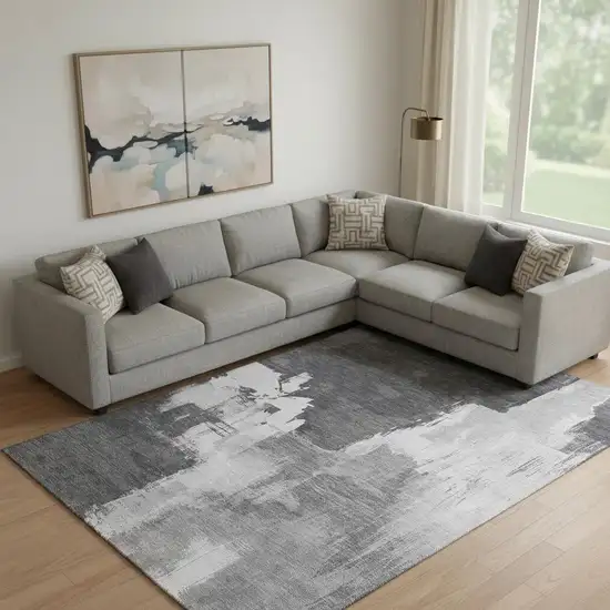 Gray Silver And Charcoal Abstract Washable Area Rug With UV Protection Photo 2