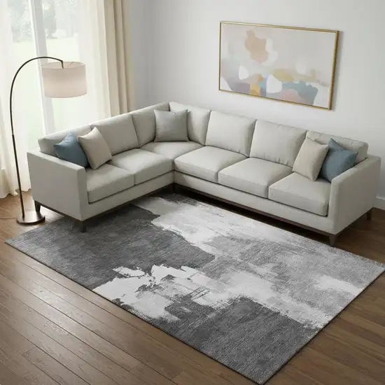 Gray Silver And Charcoal Abstract Washable Area Rug With UV Protection Photo 2