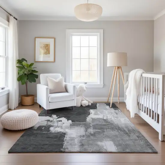 Gray Silver And Charcoal Abstract Washable Area Rug With UV Protection Photo 4