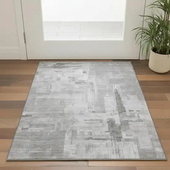 Gray Silver And Charcoal Abstract Washable Area Rug With UV Protection Photo 2