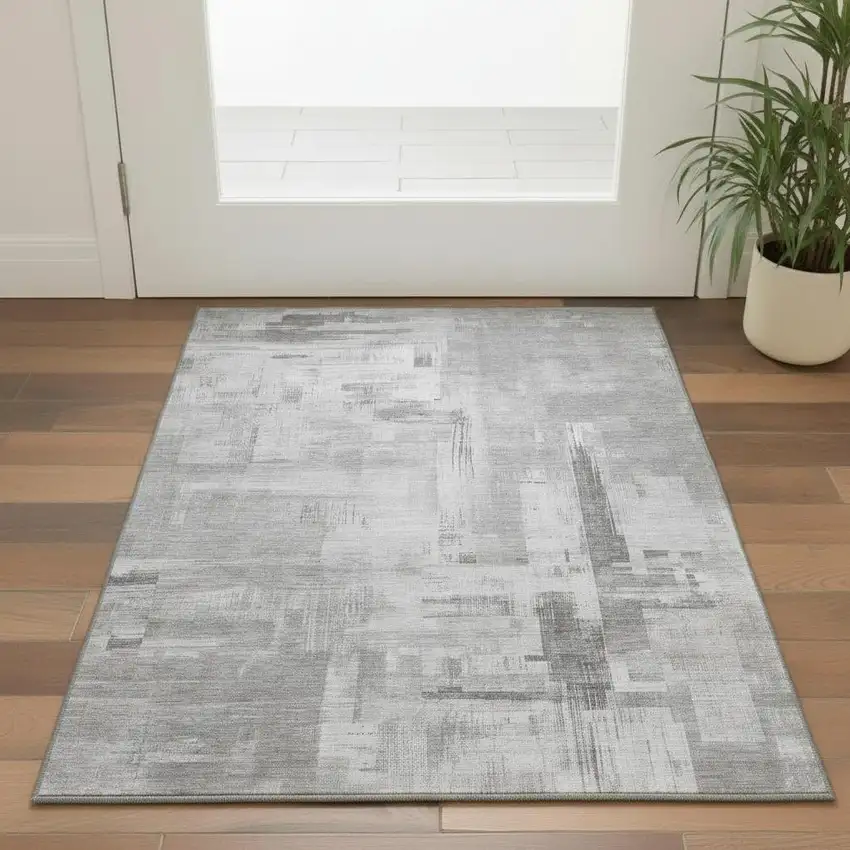 Gray Silver And Charcoal Abstract Washable Area Rug With UV Protection Photo 2