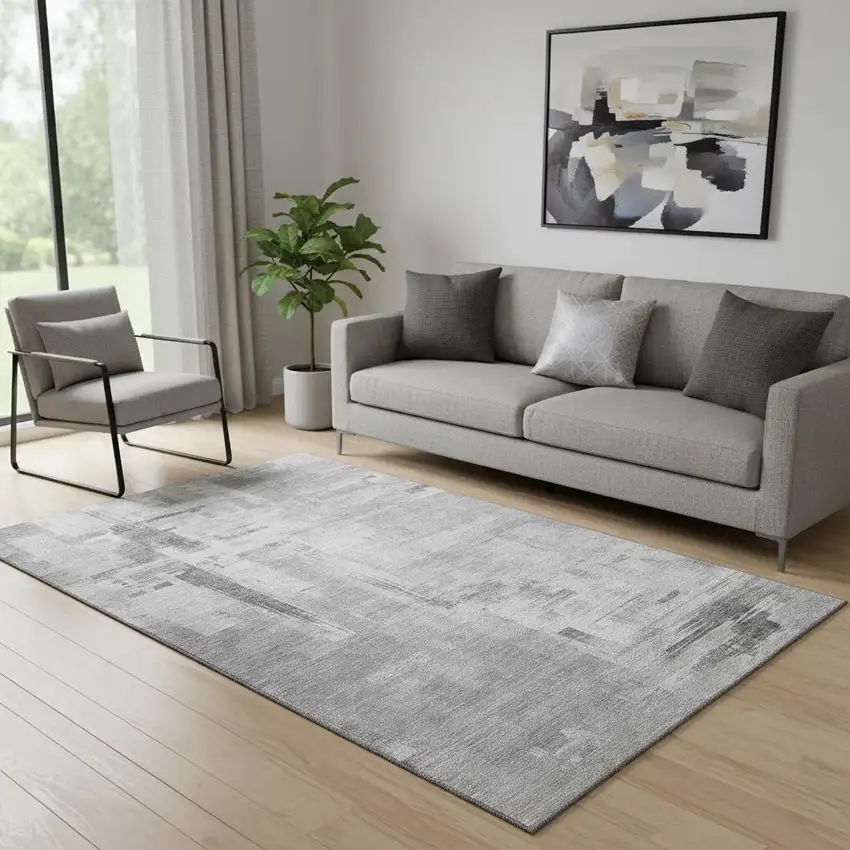 Gray Silver And Charcoal Abstract Washable Area Rug With UV Protection Photo 1
