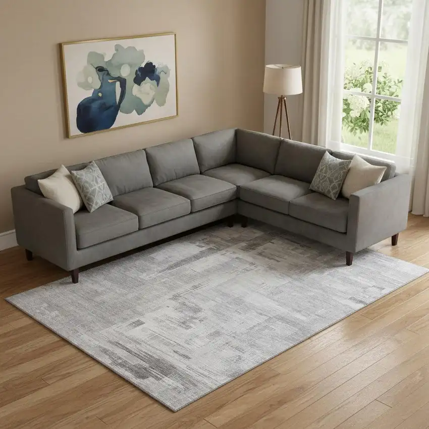 Gray Silver And Charcoal Abstract Washable Area Rug With UV Protection Photo 2