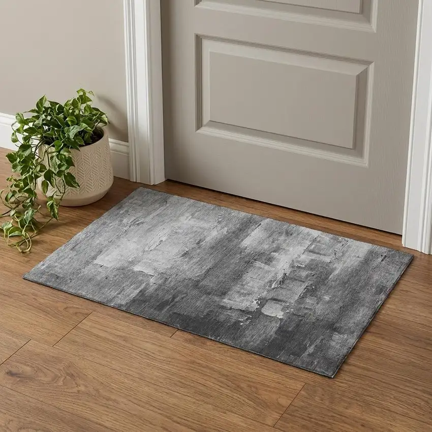 Gray Silver And Charcoal Abstract Washable Area Rug With UV Protection Photo 1