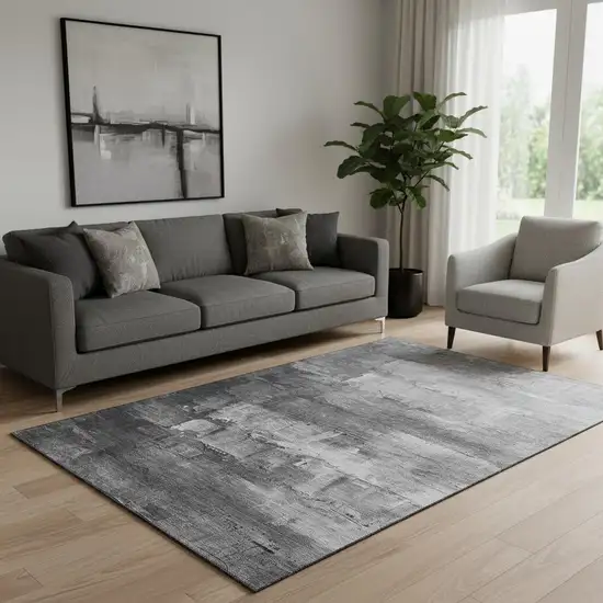 Gray Silver And Charcoal Abstract Washable Area Rug With UV Protection Photo 2