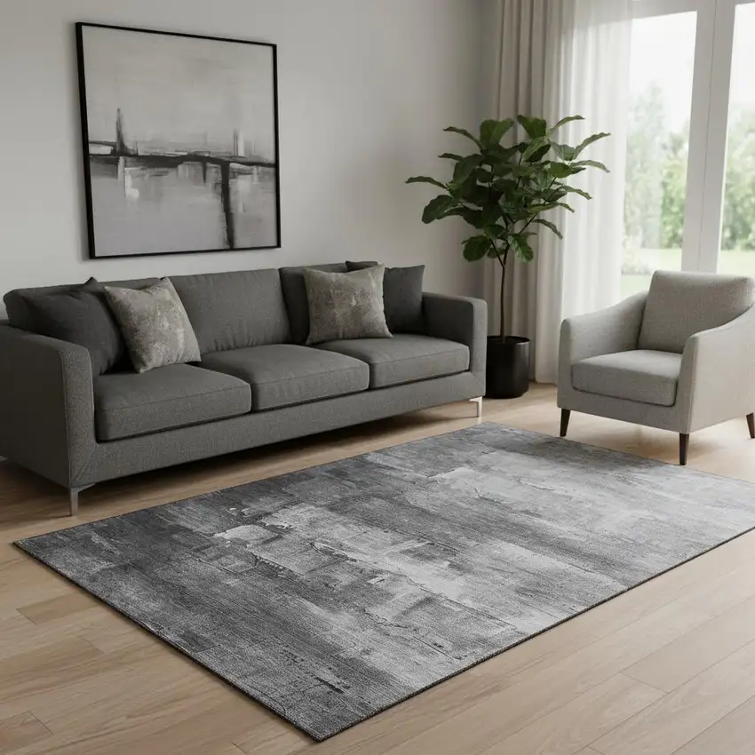 Gray Silver And Charcoal Abstract Washable Area Rug With UV Protection Photo 2