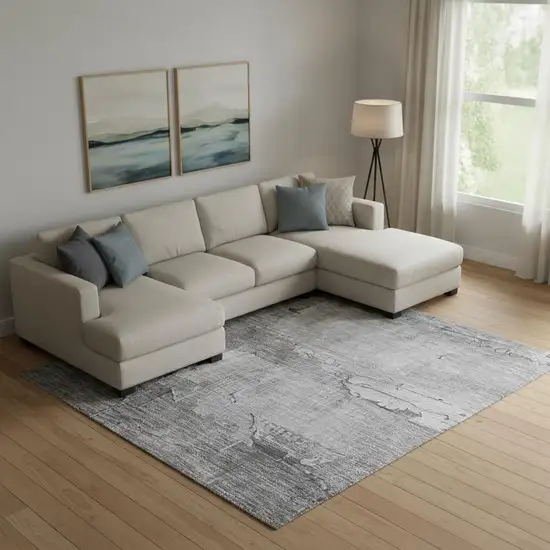 Gray Silver And Charcoal Abstract Washable Area Rug With UV Protection Photo 2