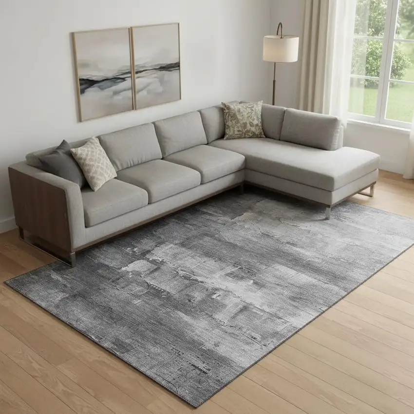 Gray Silver And Charcoal Abstract Washable Area Rug With UV Protection Photo 2