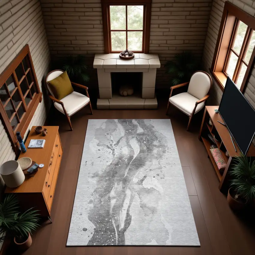 Gray Silver And Charcoal Abstract Washable Area Rug With UV Protection Photo 4