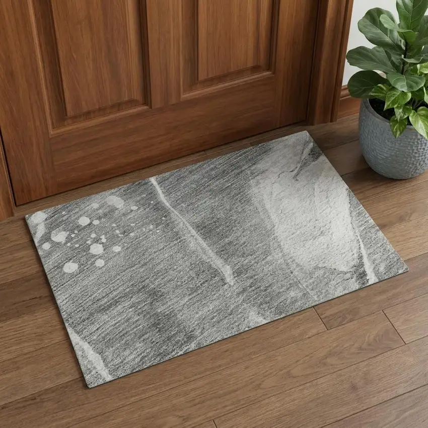 Gray Silver And Charcoal Abstract Washable Area Rug With UV Protection Photo 1