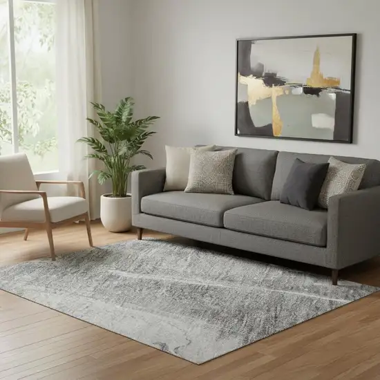 Gray Silver And Charcoal Abstract Washable Area Rug With UV Protection Photo 2