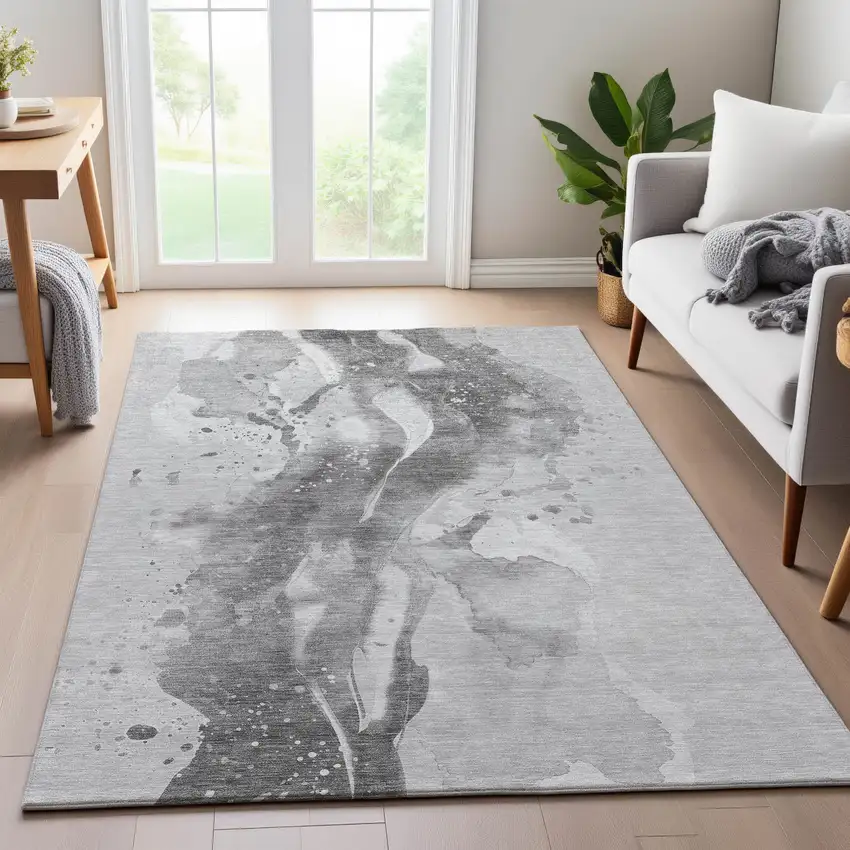 Gray Silver And Charcoal Abstract Washable Area Rug With UV Protection Photo 4