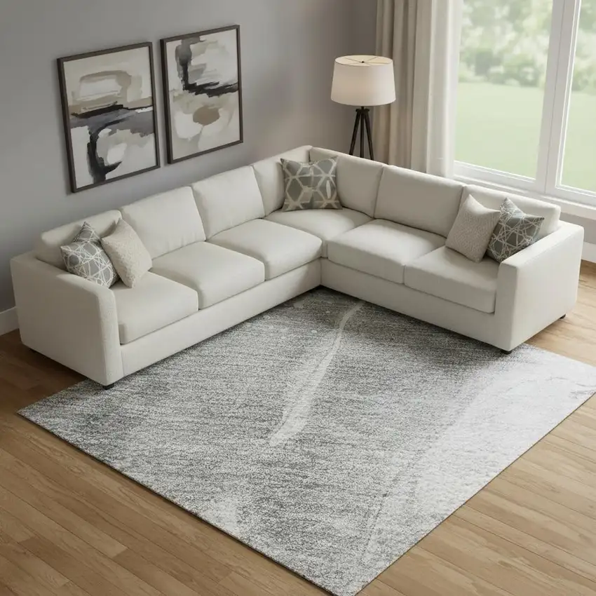 Gray Silver And Charcoal Abstract Washable Area Rug With UV Protection Photo 2