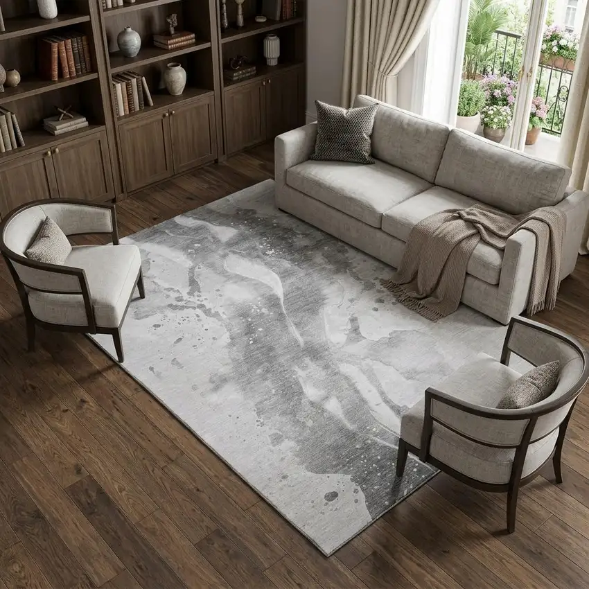Gray Silver And Charcoal Abstract Washable Area Rug With UV Protection Photo 1