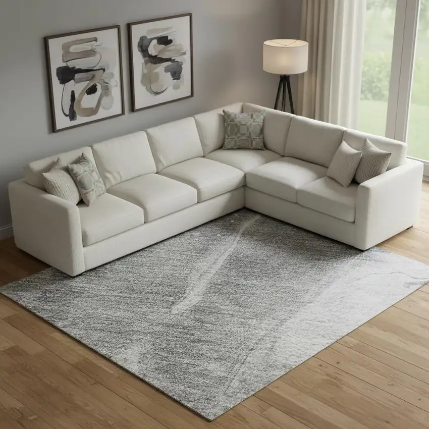 Gray Silver And Charcoal Abstract Washable Area Rug With UV Protection Photo 2