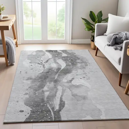 Gray Silver And Charcoal Abstract Washable Area Rug With UV Protection Photo 3
