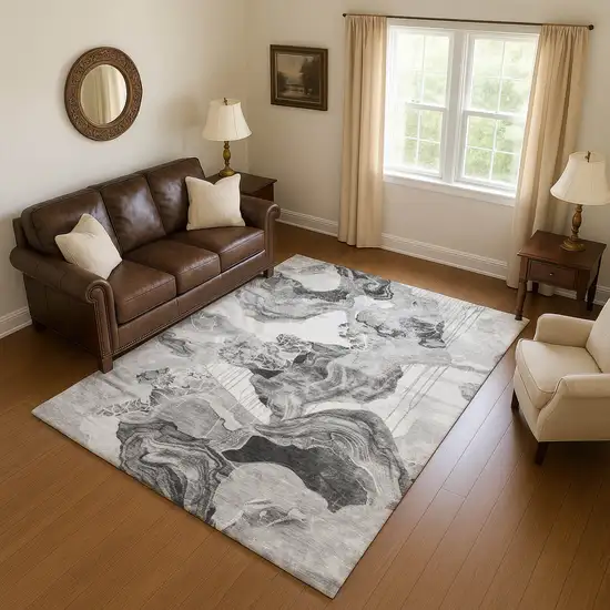 Gray Silver And Charcoal Abstract Washable Area Rug With UV Protection Photo 4