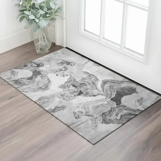 Gray Silver And Charcoal Abstract Washable Area Rug With UV Protection Photo 2