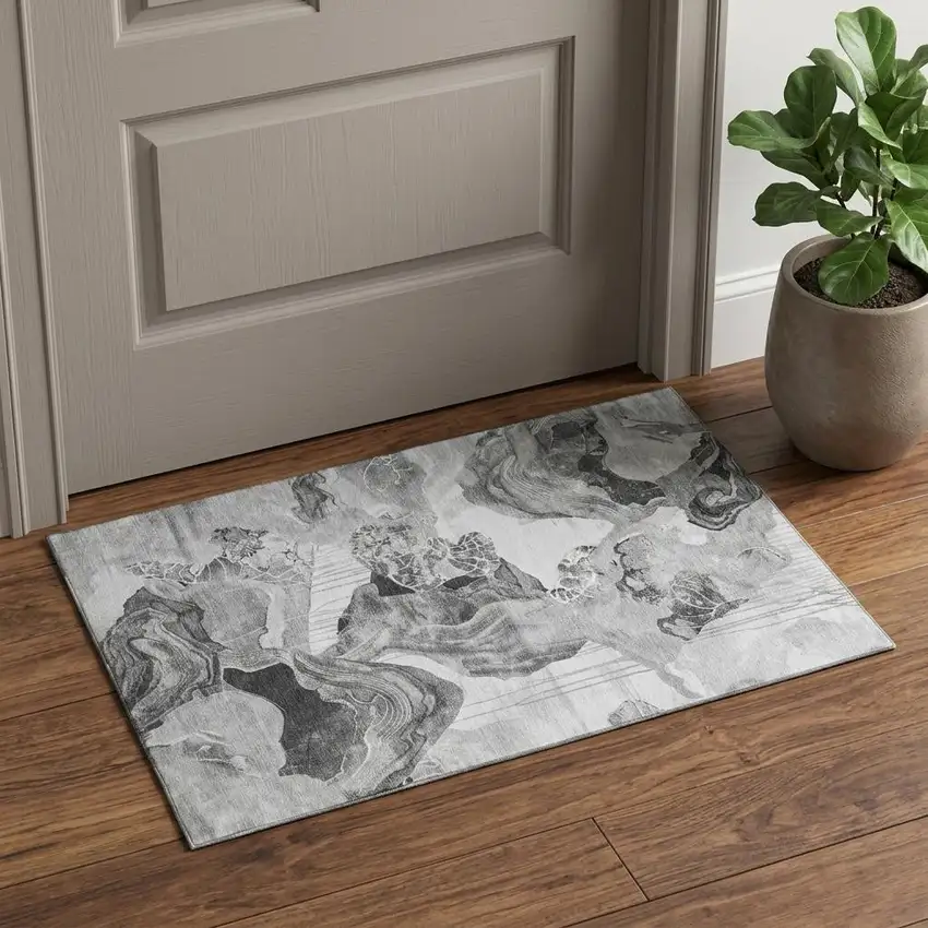 Gray Silver And Charcoal Abstract Washable Area Rug With UV Protection Photo 1