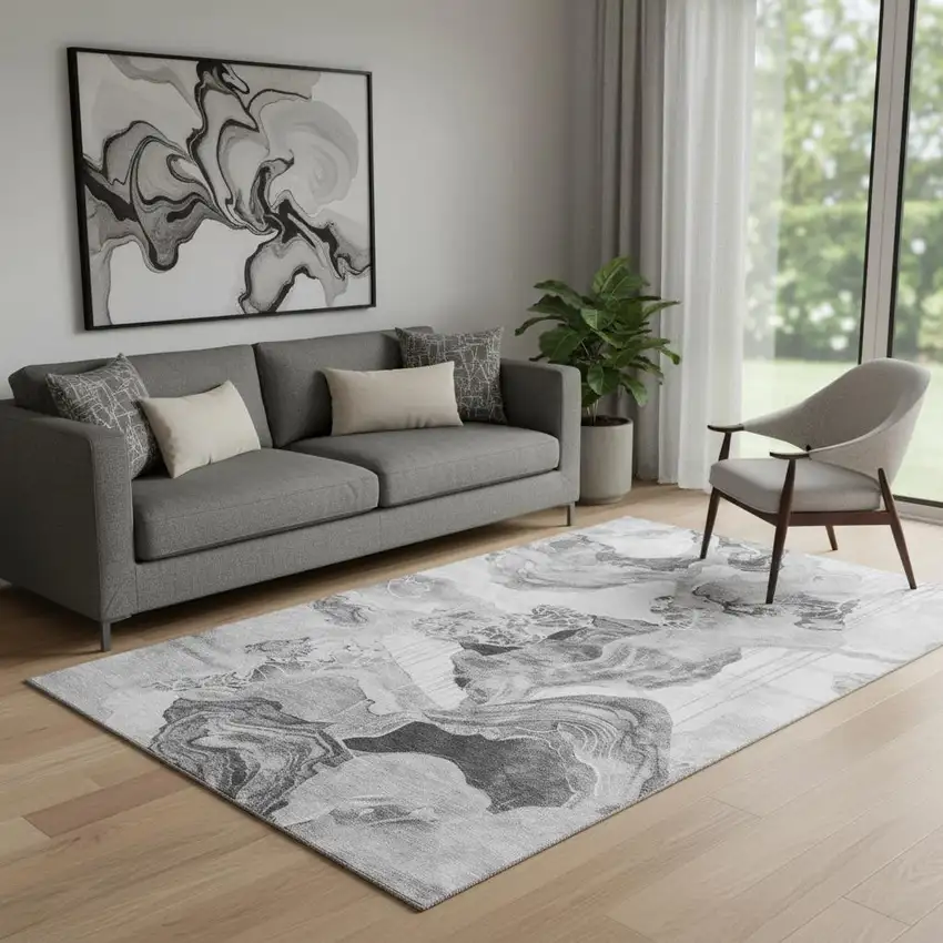 Gray Silver And Charcoal Abstract Washable Area Rug With UV Protection Photo 2