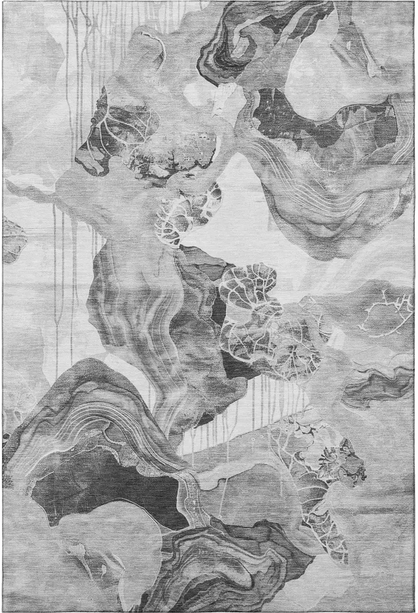 Gray Silver And Charcoal Abstract Washable Area Rug With UV Protection Photo 3