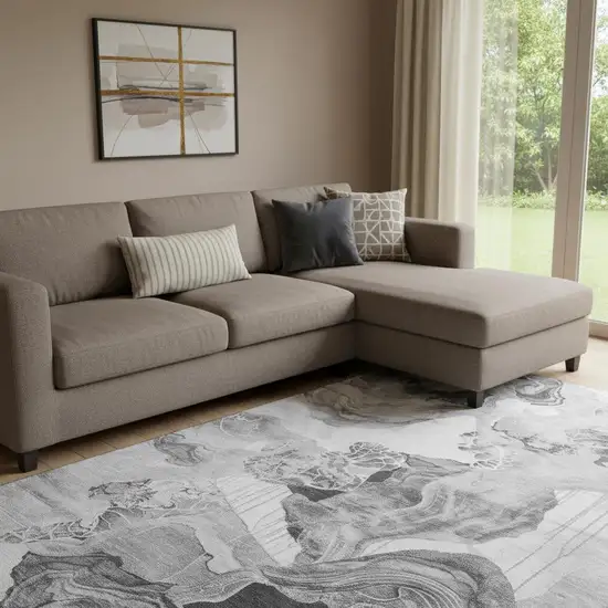 Gray Silver And Charcoal Abstract Washable Area Rug With UV Protection Photo 2