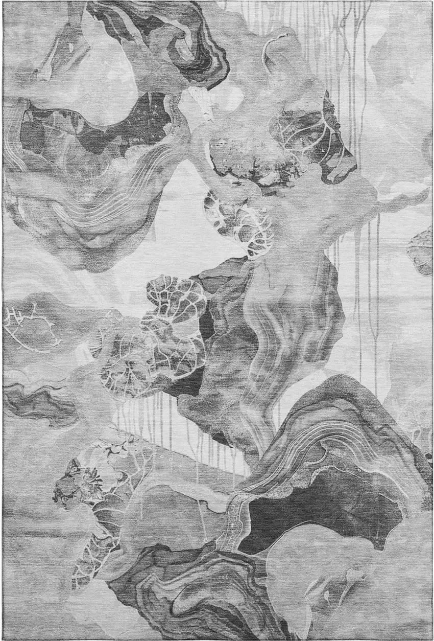 Gray Silver And Charcoal Abstract Washable Area Rug With UV Protection Photo 1