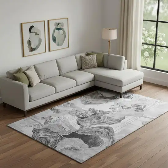 Gray Silver And Charcoal Abstract Washable Area Rug With UV Protection Photo 2