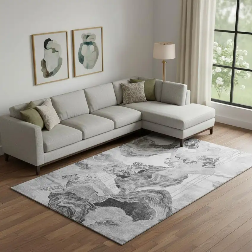 Gray Silver And Charcoal Abstract Washable Area Rug With UV Protection Photo 2