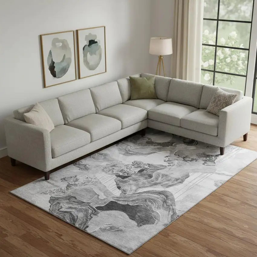 Gray Silver And Charcoal Abstract Washable Area Rug With UV Protection Photo 2