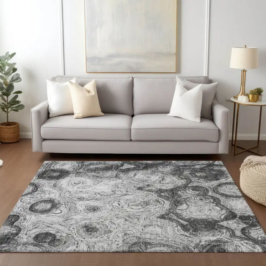 Gray Silver And Charcoal Abstract Washable Indoor Outdoor Area Rug Photo 7