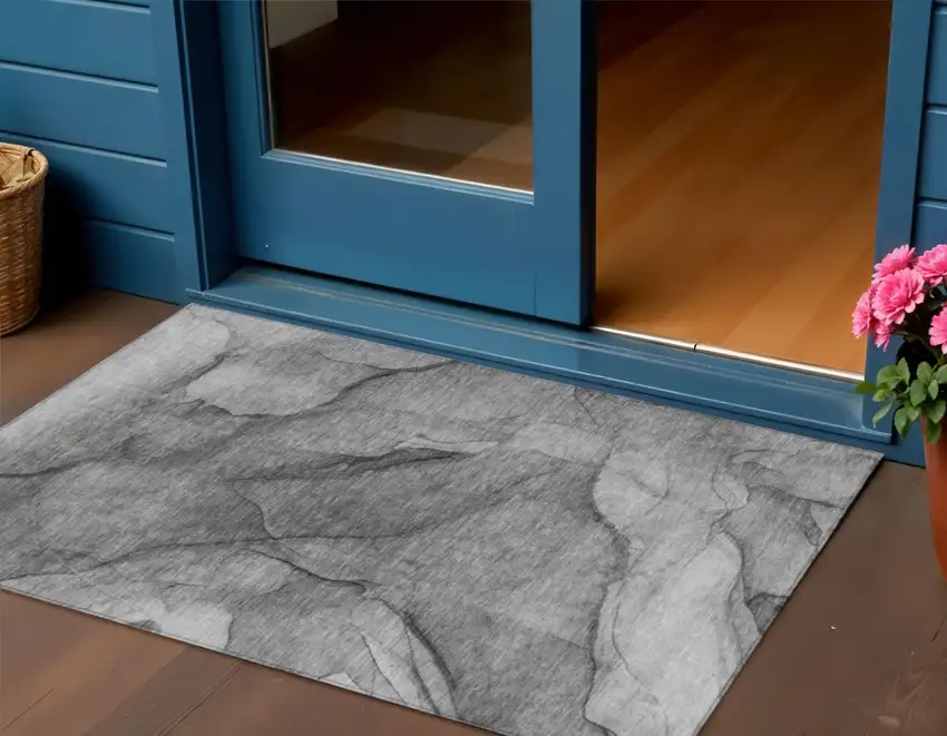 Gray Silver And Charcoal Abstract Washable Indoor Outdoor Area Rug Photo 1