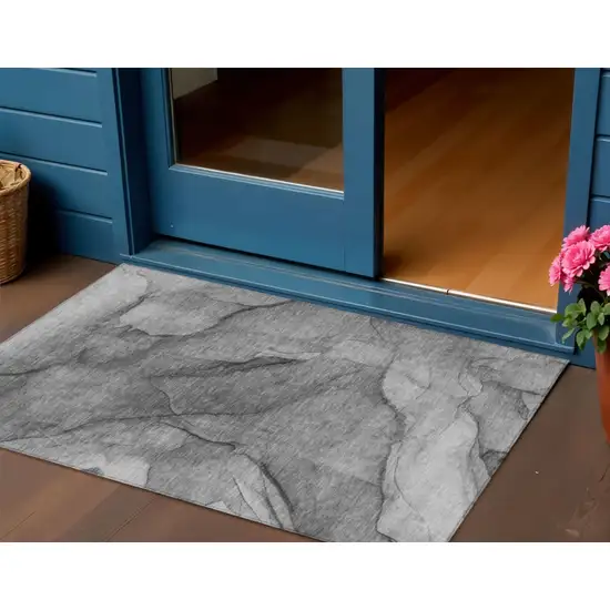 Gray Silver And Charcoal Abstract Washable Indoor Outdoor Area Rug Photo 1