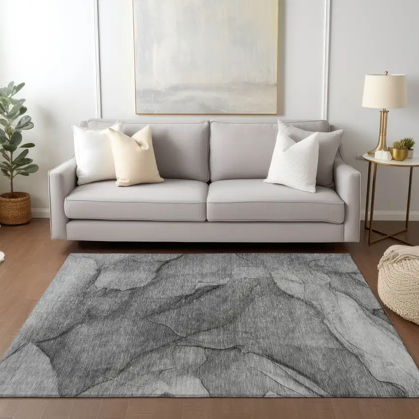 Gray Silver And Charcoal Abstract Washable Indoor Outdoor Area Rug Photo 7