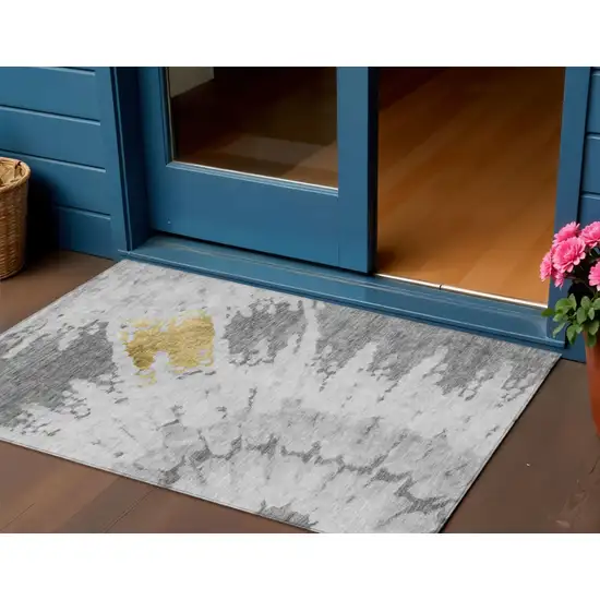 Gray Silver And Charcoal Abstract Washable Indoor Outdoor Area Rug Photo 1