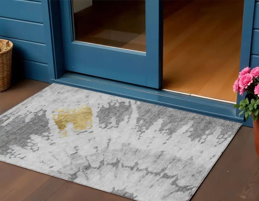 Gray Silver And Charcoal Abstract Washable Indoor Outdoor Area Rug Photo 1