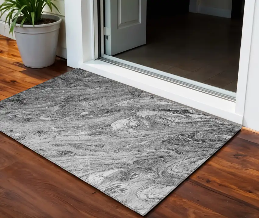 Gray Silver And Charcoal Abstract Washable Indoor Outdoor Area Rug Photo 1