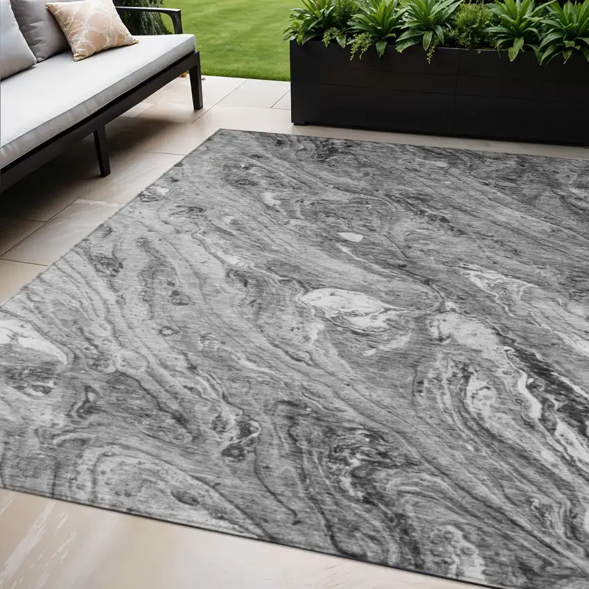Gray Silver And Charcoal Abstract Washable Indoor Outdoor Area Rug Photo 1