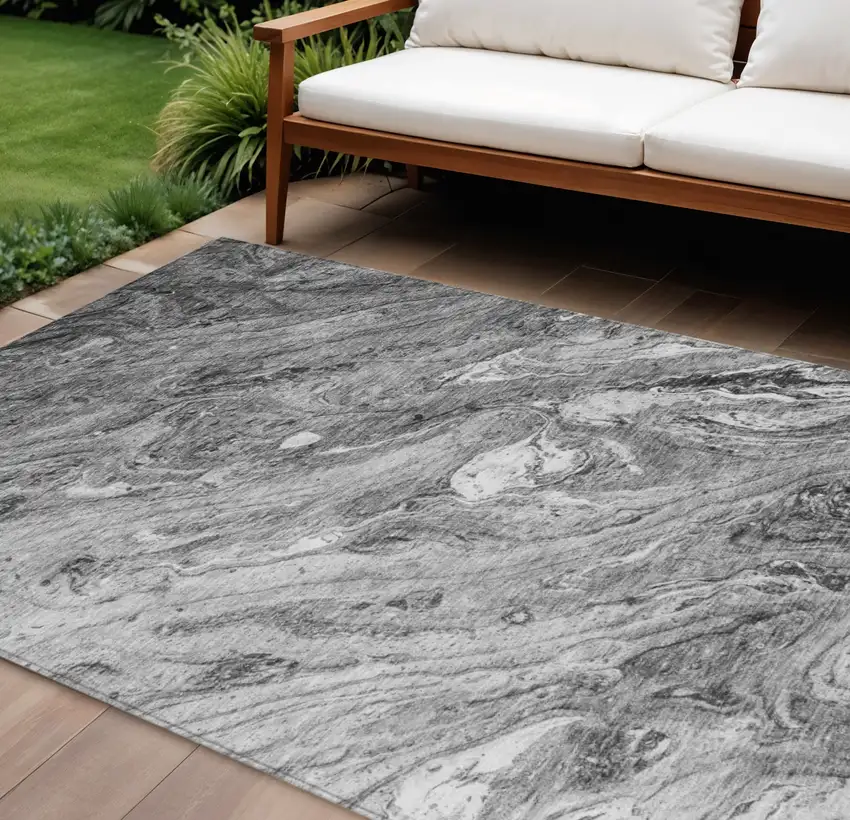 Gray Silver And Charcoal Abstract Washable Indoor Outdoor Area Rug Photo 1