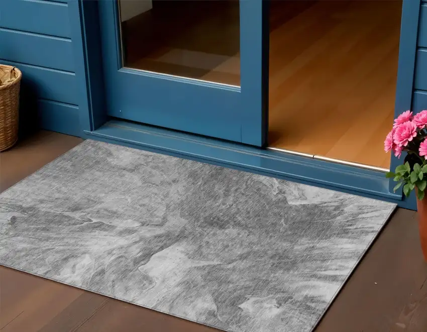 Gray Silver And Charcoal Abstract Washable Indoor Outdoor Area Rug Photo 1