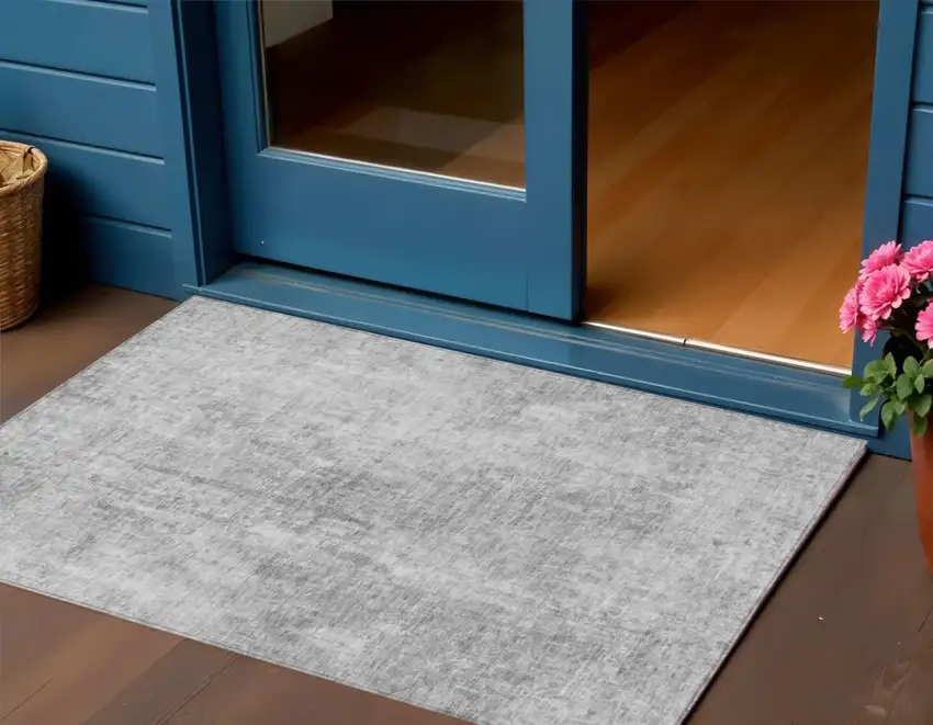 Gray Silver And Charcoal Abstract Washable Indoor Outdoor Area Rug Photo 1