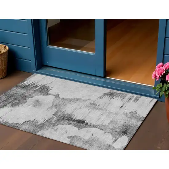 Gray Silver And Charcoal Abstract Washable Indoor Outdoor Area Rug Photo 1